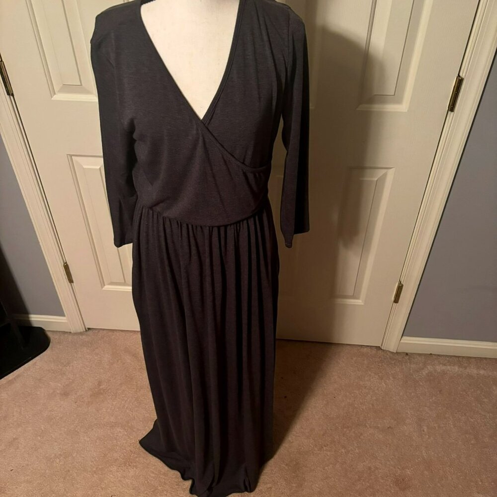 Acting Pro Long Sleeved Faux Wrap Front Maxi Dress, Charcoal Gray, Size XL